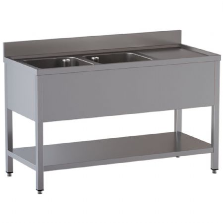 Plonge inox 2 cuves avec zone d’égouttage à droite 1600x700x850