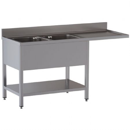 Plonge Inox 1 2 cuves et 1 égouttoir à droite avec sous tablette et espace lave-vaisselle 1600x700x850/880(+100) mm - Diamond - L1621/VD-SD2 Plonge Inox 1 2 cuves et 1 égouttoir à droite avec sous tablette et espace lave-vaisselle 1600x700x850/880(+100) mm - Diamond - L1621/VD-SD2