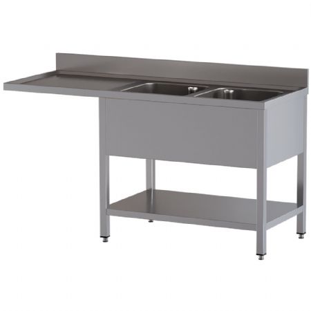 Plonge inox 2 cuves avec zone d’égouttage à gauche 1600x700x850