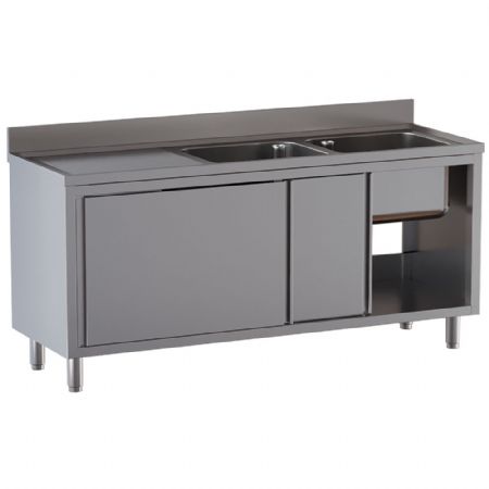 Plonge professionnelle 2 cuves en inox AISI 304 égouttoir gauche sur armoire 2 portes coulissantes 1800x700x850/880(+100) mm - Diamond - L1821/AD-SS8
