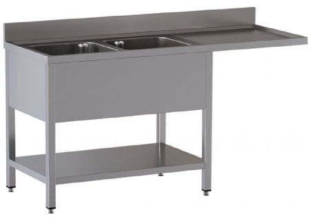 Plonge inox AISI 304 avec 2 cuves et égouttoir droite 1800x700x850/880(+100) mm - Diamond - L1821/VD-SD3