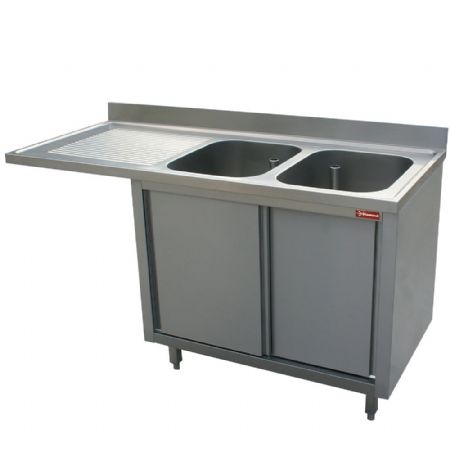 Plonge Inox 1 2 cuves 500x500x325 égouttoir gauche sur armoire 2 portes coulissantes et espace lave-vaisselle 1800x700x880/900(+100) mm - Diamond - L1821VS-AS-D