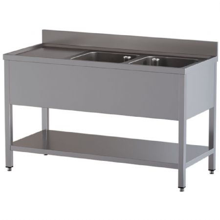Plonge professionnelle 2 cuves et 1 égouttoir gauche en inox AISI 304 avec tablette inférieure 2000x700x850/880(+100) mm - Diamond - L2021/D-SS7