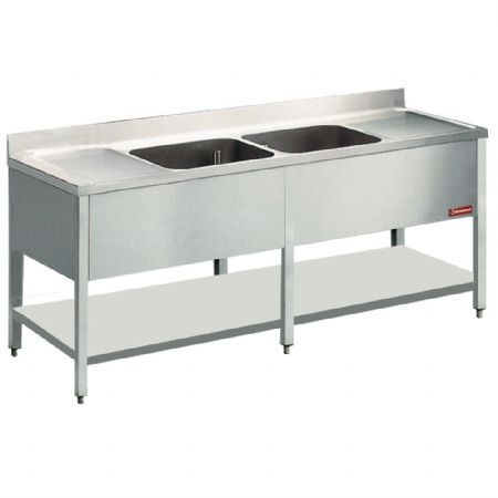 Plonge professionnelle 2 cuves et 2 égouttoirs inox 2200x700x880/900(+100) mm - Diamond - L2221-D