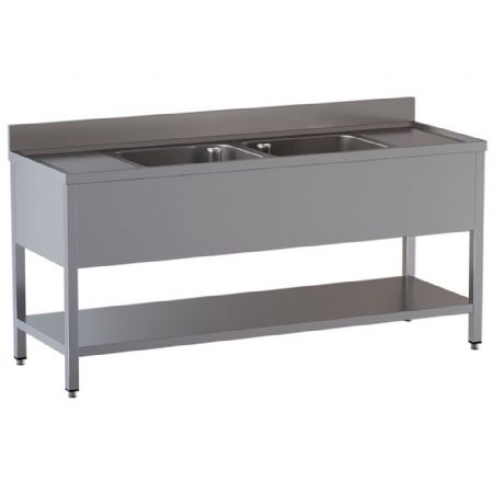 Plonge inox 2 cuves avec 2 zones d’égouttage et tablette basse intégrée 2400x700x850