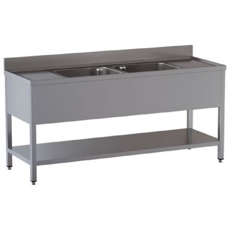 Plonge professionnelle inox AISI 304 2 cuves et 2 égouttoirs 2400x700x850/880(+100) mm - Diamond - L2421/D-SX9