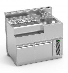Table cocktail en inox, vier  gauche et paroi technique - 1200x770x850mm