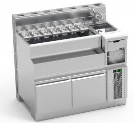 Table cocktail en inox avec �vier � gauche, tiroir et paroi technique - 1600x770x850mm