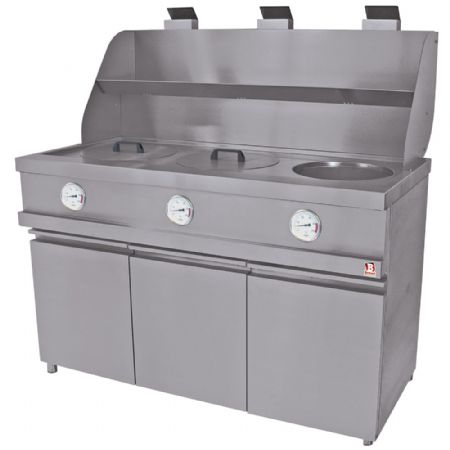 Friteuse gaz avec coffre et 3 cuves circulaires 3 paniers capacité 13 L puissance ,16 kW Friteuse gaz avec coffre et 3 cuves circulaires 3 paniers capacité 13 L puissance ,16 kW