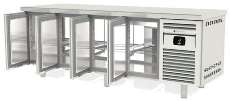 Table inox traversante positive avec 4+4 portes pleines GN 1/1 - 2245x780x850 mm