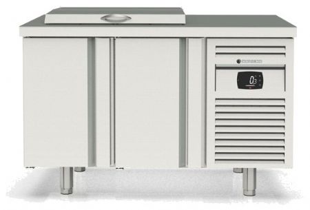 Meuble de préparation positif pour 15 bacs GN 1/6 dessus inox avec couvercle et 2 portes GN 1/1 - 1345x700x850