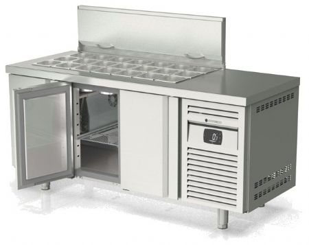 Meuble de préparation positif pour 21 bacs GN 1/6 dessus inox avec couvercle et 3 portes GN 1/1 - 1795x700x850