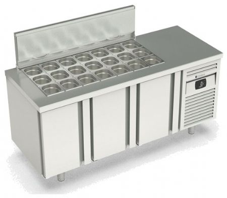 Meuble de préparation positif pour 21 bacs GN 1/6 dessus inox avec couvercle et 3 portes GN 1/1 - 1795x700x850