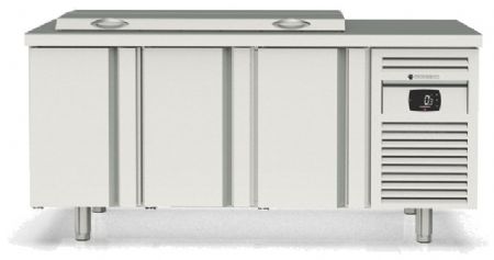 Meuble de préparation positif pour 21 bacs GN 1/6 dessus inox avec couvercle et 3 portes GN 1/1 - 1795x700x850