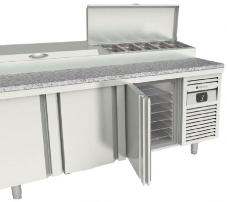 Table à pizza inox positive 10 bacs GN 1/3 dessus et couvercle inox avec 3 portes - 2020x800x850 mm