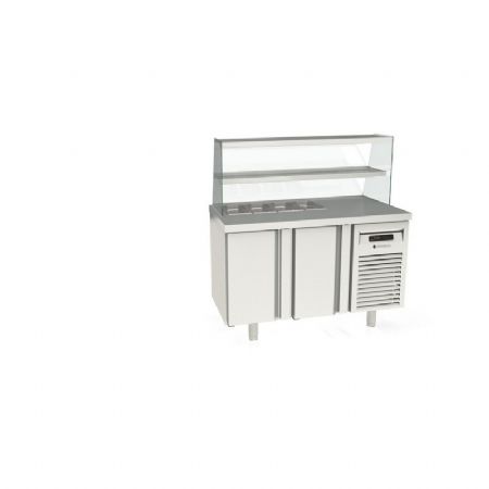 Meuble de prparation positif dessus inox pare haleine en verre 4 bacs GN - 2 portes pleines prof 700mm - 250L