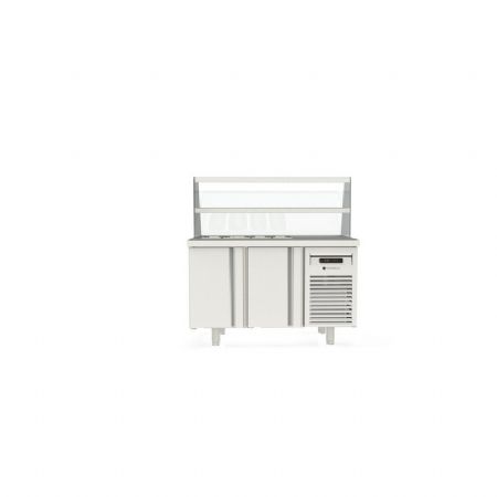Meuble de prparation positif dessus inox pare haleine en verre 4 bacs GN - 2 portes pleines prof 700mm - 250L