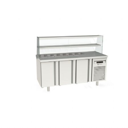 Meuble de prparation positif dessus inox pare haleine en verre 7 bacs GN - 3 portes pleines prof 700mm - 400L