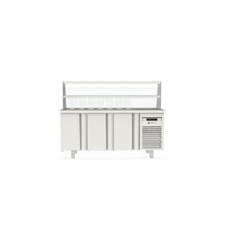 Meuble de prparation positif dessus inox pare haleine en verre 7 bacs GN - 3 portes pleines prof 700mm - 400L