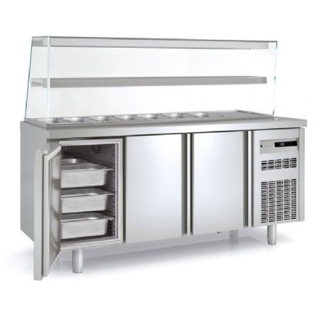 Meuble de prparation positif dessus inox pare haleine en verre 7 bacs GN - 3 portes pleines prof 700mm - 400L