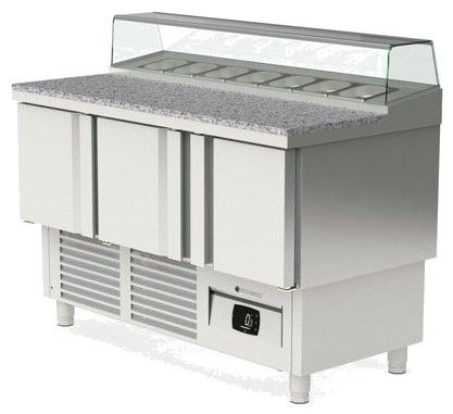 Meuble saladette pour 7 bacs GN 1/6 positif dessus granit et pare-haleine avec 3 portes - 1365x700x890 mm