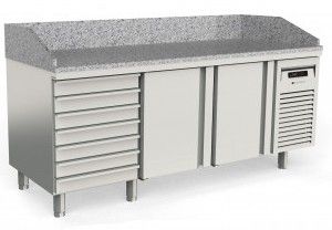 Table  pizza inox froid positif dessus granit avec 2 portes et 7 tiroirs neutres - 1795x700x850 mm