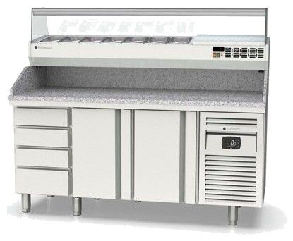 Table à pizza inox froid positif dessus granit avec 2 portes et 7 tiroirs neutres - 1795x700x850 mm