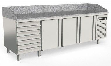 Table  pizza inox froid positif dessus granit avec 3 portes et 7 tiroirs neutres - 2245x700x850 mm