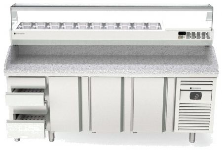 Table à pizza inox froid positif dessus granit avec 3 portes et 7 tiroirs neutres - 2245x700x850 mm