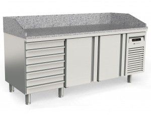 Table  pizza inox froid positif dessus granit 5 bacs 600x400 avec 2 portes et 7 tiroirs neutres - 2020x800x850 mm