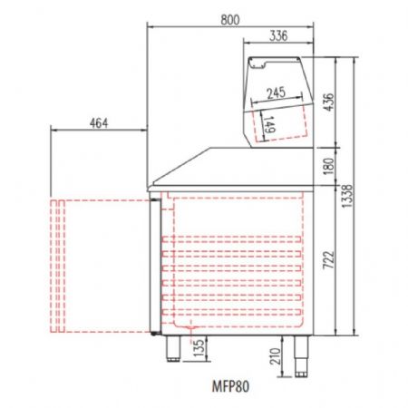 Meuble à Pizzas positif avec dessus granit, 3 portes et 7 tiroirs, capacité 815 L - Coreco - MFP80-250-7