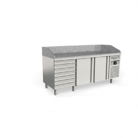 Meuble à Pizzas positif avec dessus granit, 3 portes et 7 tiroirs, capacité 815 L - Coreco - MFP80-250-7 Meuble à Pizzas positif avec dessus granit, 3 portes et 7 tiroirs, capacité 815 L - Coreco - MFP80-250-7