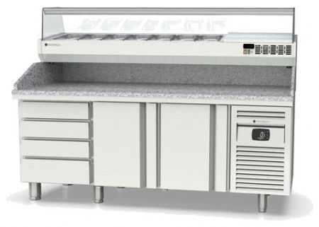 Table à pizza inox froid positif dessus granit 5 bacs 600x400 avec 3 portes et 7 tiroirs neutres - 2545x800x850 mm