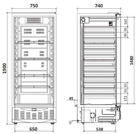 Armoire positive ventilée GN2/1 et 600x400 avec 1 porte vitrée et intérieur plastique - 455-525 litres