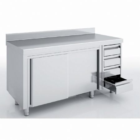 Meuble Bas de Rangement Inox AISI-304 18/10 dosseret 100 mm 4 tiroirs portes coulissantes 2000x600x850 mm - Eratos - MNCC60-200M Meuble Bas de Rangement Inox AISI-304 18/10 dosseret 100 mm 4 tiroirs portes coulissantes 2000x600x850 mm - Eratos - MNCC60-200M