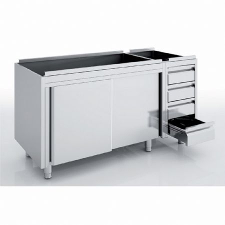 Meuble Bas de Rangement Inox AISI-304 18/10 satiné 4 tiroirs série 700 GN1/1 prof. 100 et portes coulissantes suspendues silencieuses - Eratos - MNCC70-240 Meuble Bas de Rangement Inox AISI-304 18/10 satiné 4 tiroirs série 700 GN1/1 prof. 100 et portes coulissantes suspendues silencieuses - Eratos - MNCC70-240