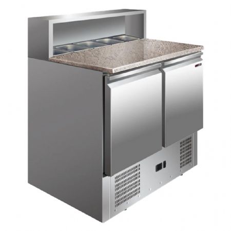 Table réfrigérée pizza 2 portes plan de travail en granit pour préparation de salades froides à température positive