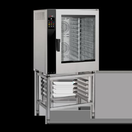 Four mixte triphasé à injection 10x GN 1/1 auto nettoyage porte ouvrante côté droit commande tactile