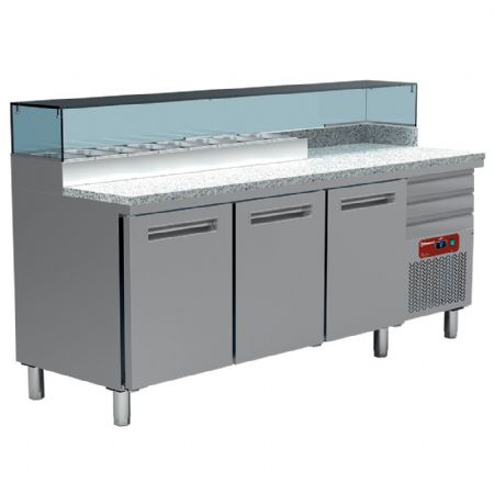Meuble à Pizzas table réfrigérée pizzeria, 3 portes pleines EN 600x400, 3 tiroirs neutres EN 600x400, structure réfrigéré 8x GN 1/4, dessus granit - Diamond Promo - MR-MAXIPIZZA/R2