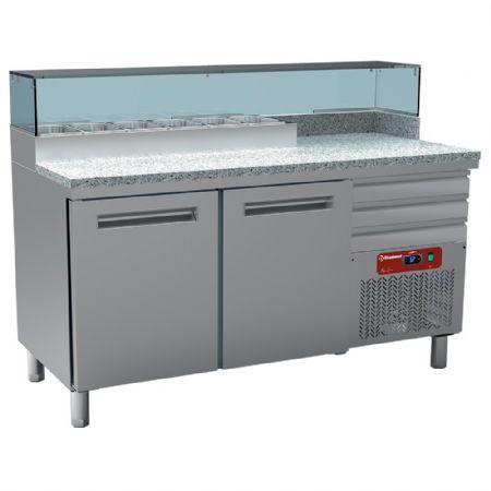 Meuble à Pizzas dessus granit, 2 portes pleines EN 600x400, 3 tiroirs neutres EN 600x400, structure réfrigéré 6x GN 1/4 - Diamond Promo - MR-PIZZA/R2