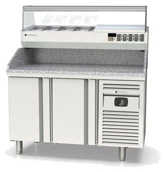 Table à pizza inox positive dessus granit avec 2 portes - 1345x700x850 mm