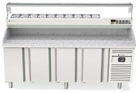 Table à pizza inox positive dessus granit avec 4 portes - 2245x700x850 mm