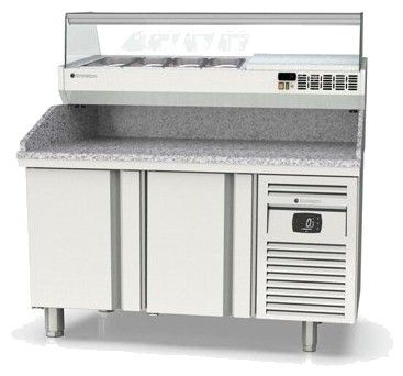 Table à pizza inox positive dessus granit 3 bacs 600x400 avec 2 portes - 1495x800x850 mm