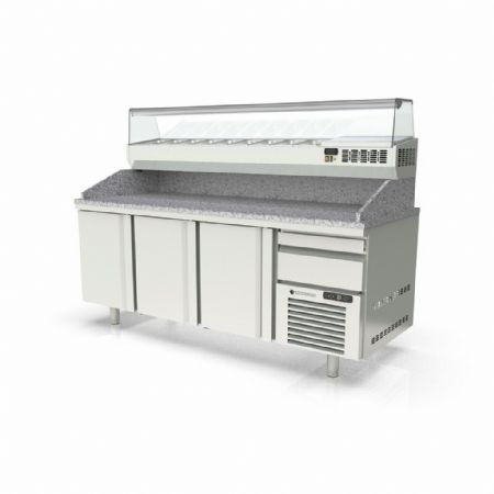 Meuble à Pizzas positif avec dessus granit, 3 portes et 1 tiroir neutre, capacité 595 L - Coreco - MR80-210