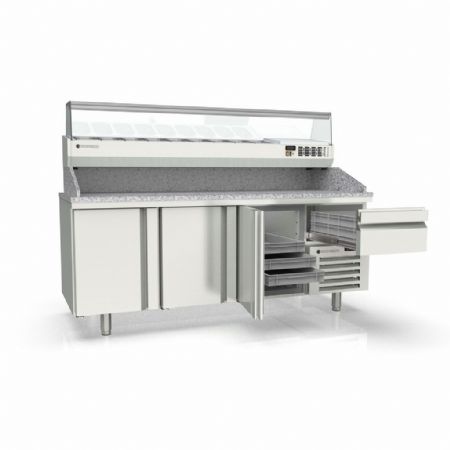 Meuble à Pizzas positif avec dessus granit, 3 portes et 1 tiroir neutre, capacité 595 L - Coreco - MR80-210