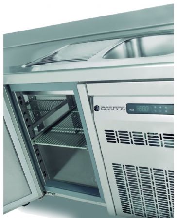 Table inox froid positif 3 portes pleines GN 1/1 avec dosseret et évier - 1795x700x850 mm