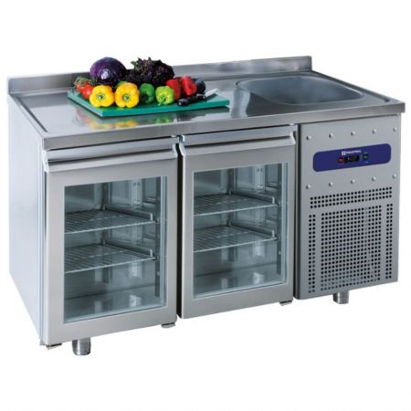 Table desserte réfrigérée 700 mm 2 portes vitrées, évier 35x40x20h cm à droite et dosseret positive - Virtus - MRGF150/FG
