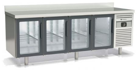 Table inox froid positif avec dosseret et 4 portes vitrées GN 1/1 - 2245x700x850 mm
