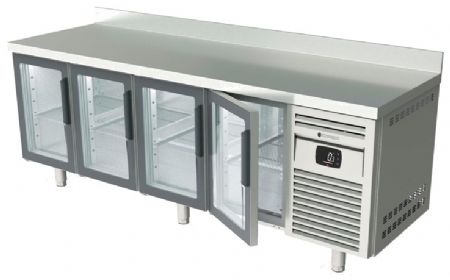 Table inox froid positif avec dosseret et 4 portes vitrées GN 1/1 - 2245x700x850 mm