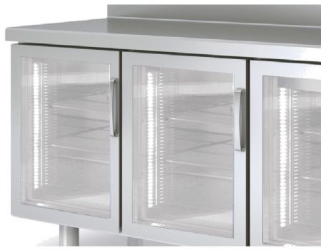 Table inox positive avec dosseret et 3 portes vitrées -  2020x600x850 mm